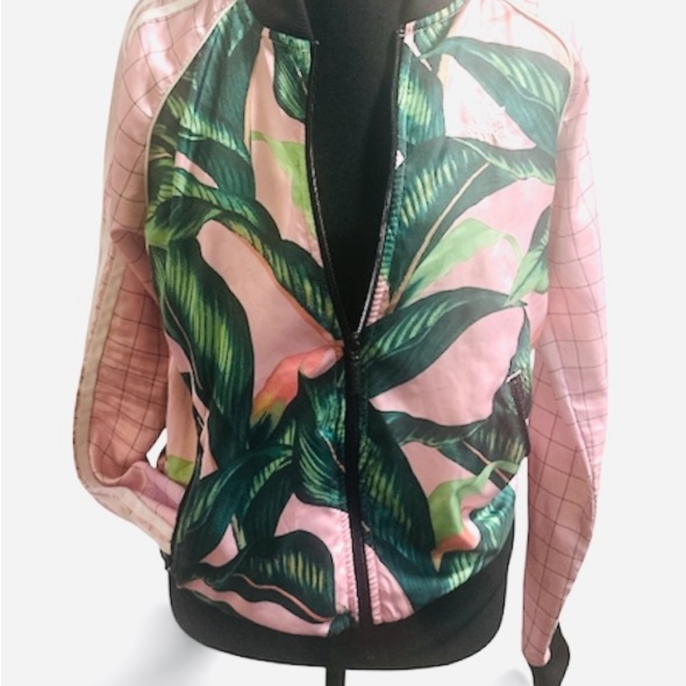 adidas Pink Bomber Jacket with Green Tropical Leaf Print